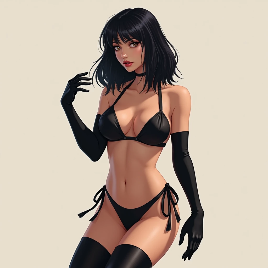 Woman, fit and toned body, thick breasts, cleavage, straight black hair with long bangs, nose ring piercing black lipstick, tiny tank top bra, slutty high rise thong and black fishnets, laying against wall with open legs spread, soft smile, blushing
