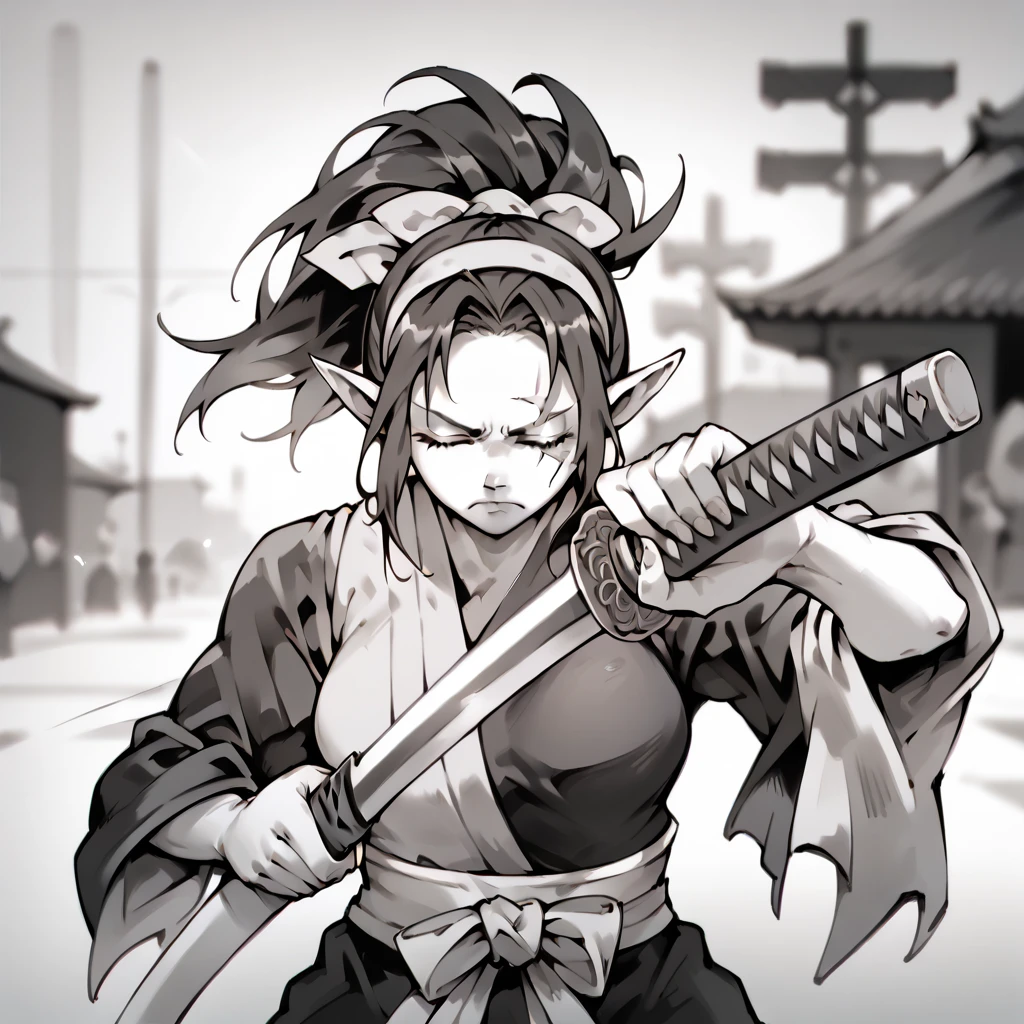 1girl, Solo, Closed Eyes, Ponytail, Breasts, Long Pointy Ears, Closed Mouth, Frown, Blind Girl, Samurai Clothes, Modern City Background, Blurry Background, Monochrome, Hairband, Scar Across Eye, Modern city Background, holding a katana