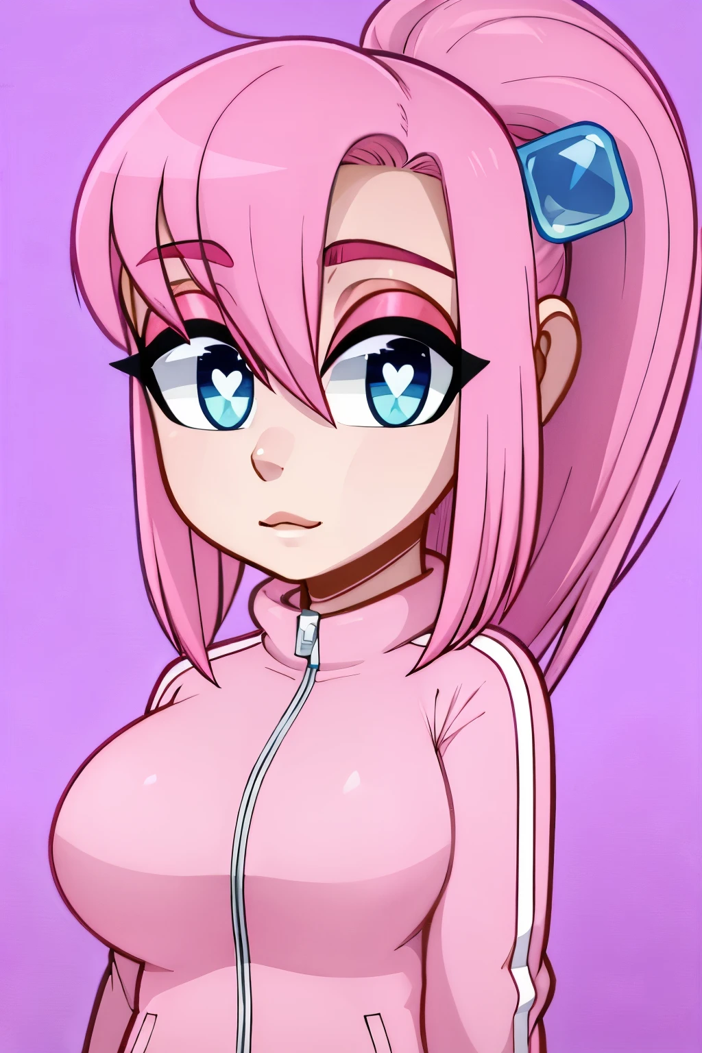 ((beautiful)+(attractive:0.9)+(sensual:0.8)),pink tracksuit,
, Huniecam Studios Art Style,simple background, blue eyes,heart shaped pupils,pink hair,cube ornaments,hair between eyes,medium breasts
