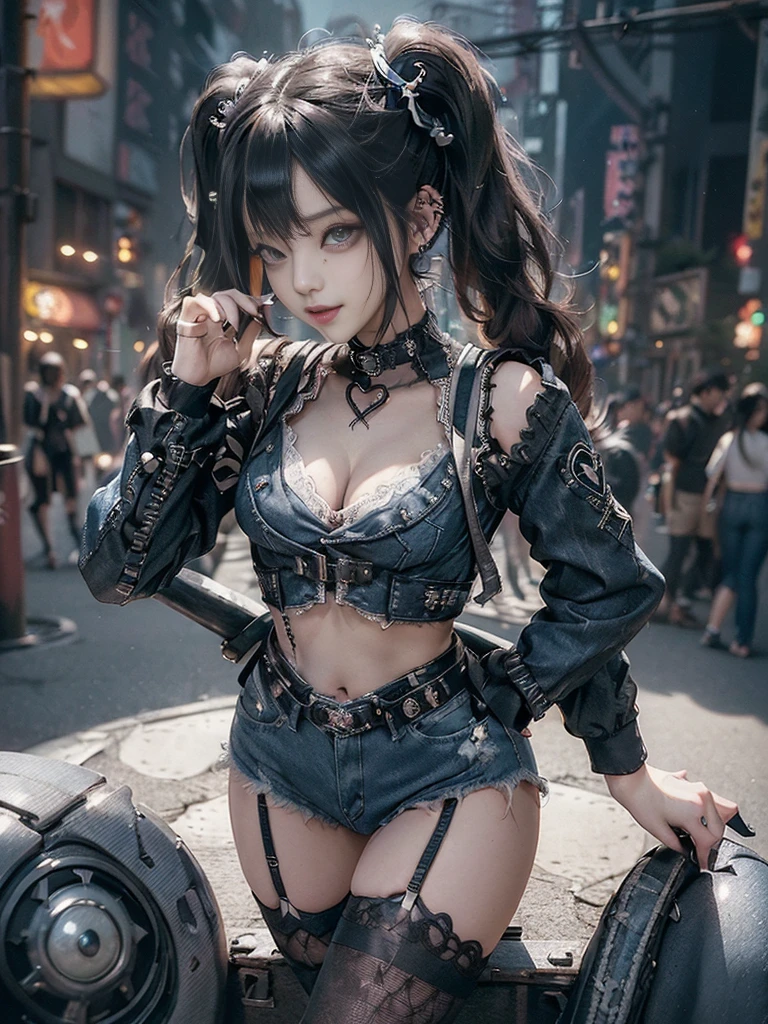 (Full Body View:1.2)、(Side view:1.1)、(Smiling with teeth showing:1.3),(Shibuya Gal:1.5)、(Beautiful:1.4)、(Goth Fashion:1.5)、(Punk RockVisual Kei:1.3)、(Futuristic baby doll in black, white and denim:1.5)、(A delicate jacket in denim, beige and navy:1.5)、(Denim garter belt:1.5)、(Denim and black and white bodysuit:1.4)、(Heart-shaped silver accessories:1.5)、(Brown Skin Belt:1.4)、(Blue High Heels:1.4)、(Lace patterned underwear:1.4)、20-year-old、NSFW,((Highest quality、In 8K、masterpiece:1.3))、Sharp focus:1.2、(Layered Cut、Beautiful boobs:1.1),Beautiful woman with perfect figure:1.4、(Doing an aerobics pose:1.3)、Slender Abs:1.2、Butt、Highly detailed face and skin texture、Detailed eyes、double eyelid,(Twin tails:1.3)、(Black brown hair:1.3)、Obscene、Gravure idol、(Luxurious amusement park at night:1.3)、(Make your legs thinner:1.4)、(Thin thighs:1.4)、(Slim Body:1.3)、(clavicle:1.1)