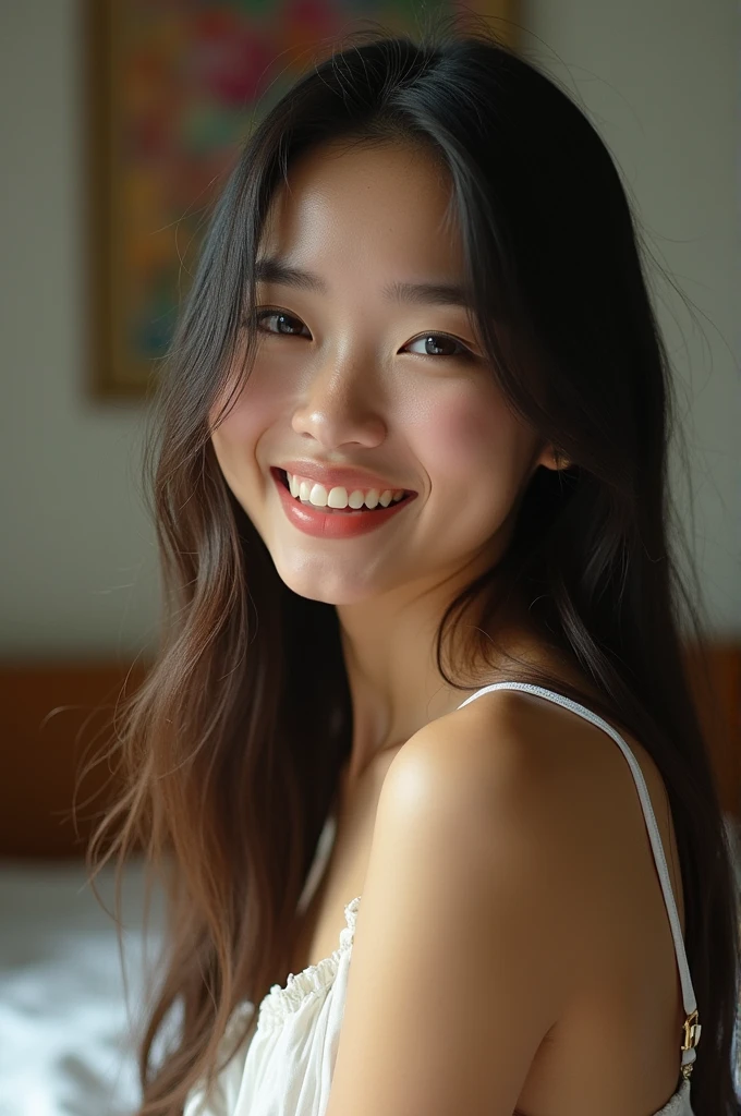 (close-up, editorial photograph of a teen korean girl), (highly detailed face:1.4) (smile:0.7) (background inside dark, moody, private study:1.3) POV, by lee jeffries, nikon d850, film stock photograph ,4 kodak portra 400 ,camera f1.6 lens ,rich colors ,hyper realistic ,lifelike texture, dramatic lighting , cinestill 800, ((topless)), smiling