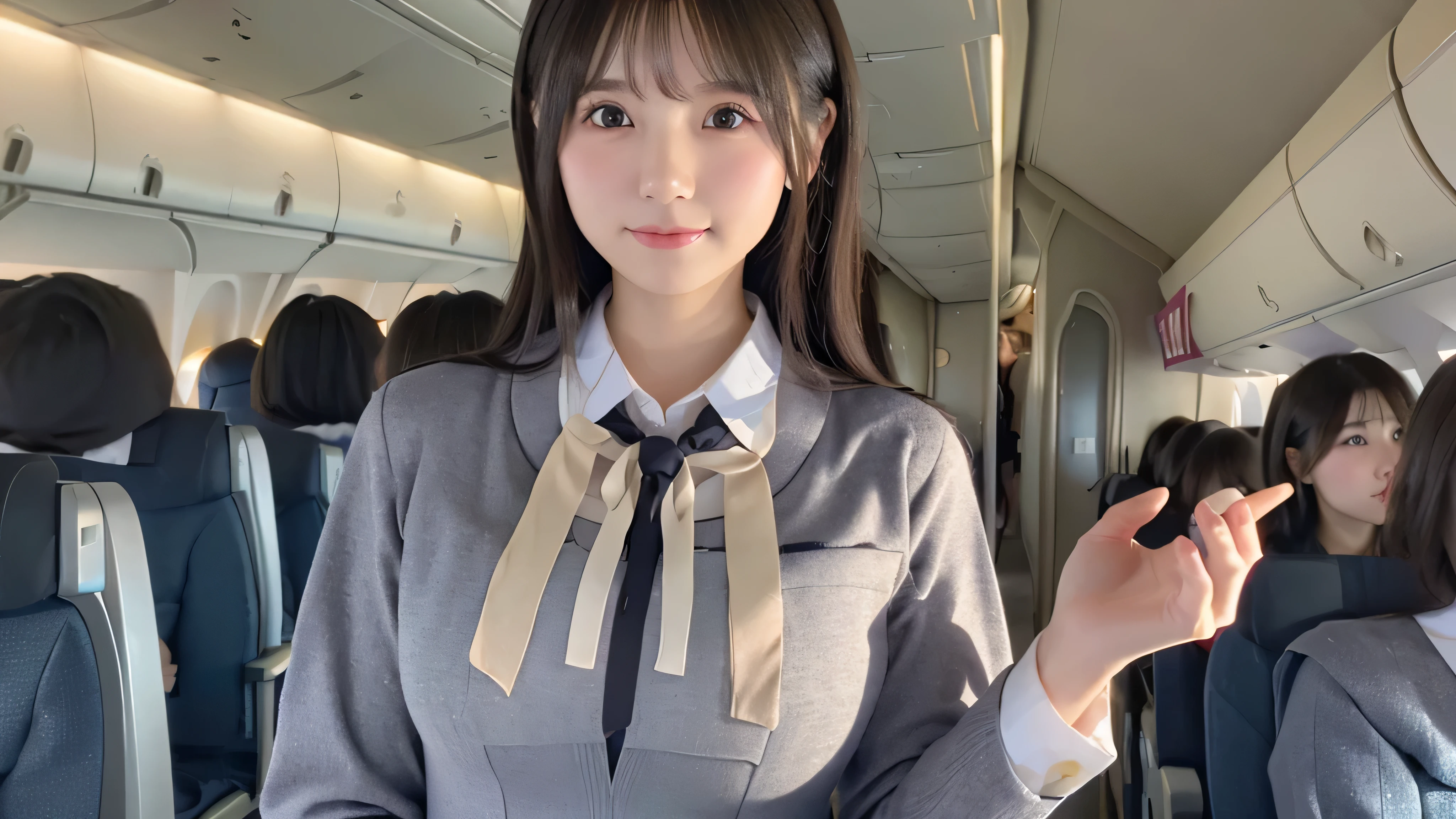 (8K, best quality, masterpiece:1.2), (realistic, photo-realistic:1.37), (high color saturation:1.0), (highly detailed skin), (highest quality:1.0), (ultra high resolution:1.0) ,(realistic:1.0), (Super detailed:1.0), (8K, Raw photo:1.1)、standing random pose, smiling, natural breast, perfect lighting, 3girls, 24years old, (mysterious), clear and detailed, ((ANA_Cabin Crew, blue flight attendant_uniform)), beige pantyhose, (aircraft, aircraft seats), cute face, squat , (pick up handkerchief), skirt lift,