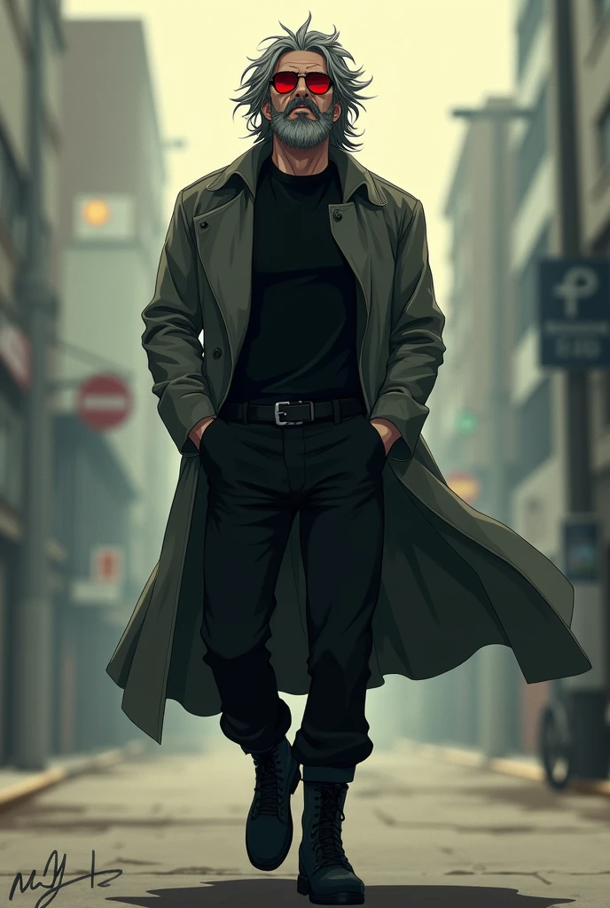 masterpiece, best quality, highres, upper body shot, ((wide angle)), zoom out, middle-aged man, macho, daddy, beefy, burly, hairy, manly, black with hair, really tall, wearing a smooth silk black trench coat, grey shirt, black pant, wearing glasses, sitting on a low doorstep, spreaded legs, sitting in the center of the shot, smoking a cigarette, blowing smoke out from the mouth, looking up to the sky, hands in the pockets, (sunset), afternoon, golden hour, golden sky color, dark buildings in the background, incredible composition, HDR, volumetric lighting, aesthetic, low camera angle