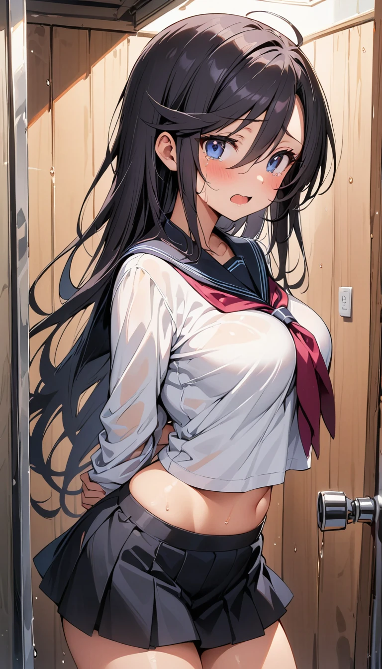 (1 girl),(high quality), (High resolution), (extremely detailed), (8K),(lower body shot),(She is wearing panties under her school uniform and short navy pleated skirt.),(wearing black knee-high stockings)not wearing shoes,perfect writing,(Beautifully erect nipple shape:1.2),High resolutionの美しい目,(neutral white lighting:1.2),Dancing in another world with strong winds