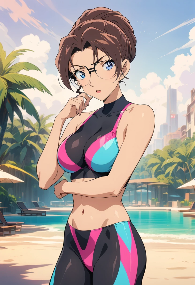 A beauty, best quality, masterpiece, super clear, anime style, slender and healthy body, full , wearing colorful swimsuits，（adult：2.0）