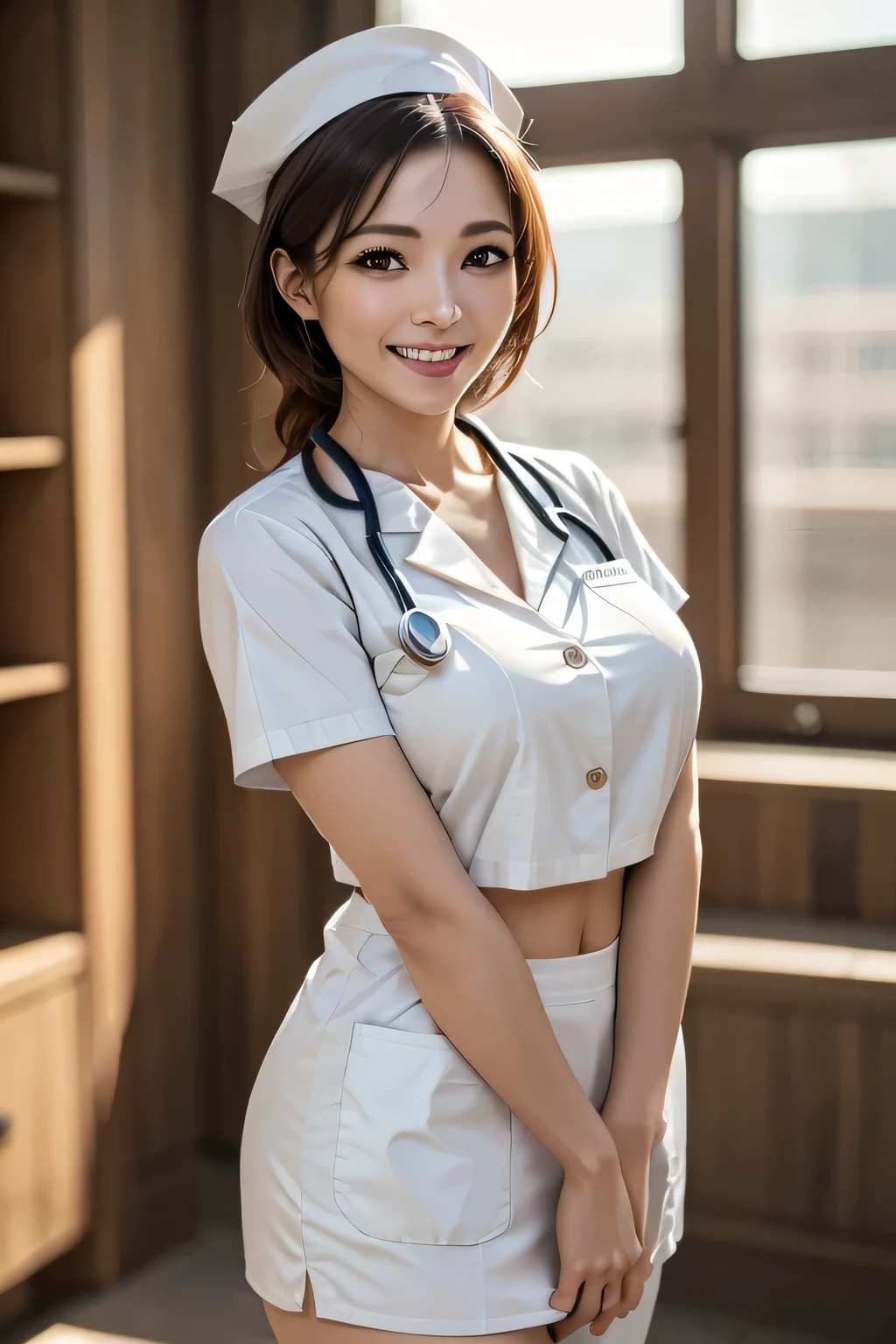 1 female, 40 years old, (Nurse cap, nurse uniform and mini skirt), masterpiece, grin, (very tanned and shiny skin), Big Breasts, photoRealistic, Realistic, alone, photoRealistic, Highest quality, Ultra-high resolution, Yura S, Outdoor, colorful,  Daytime setting, beautiful, masterpiece, Highest quality, Very detailedな顔, Perfect lighting, Ultra-high resolution, Very detailed, (background: Inside the hospital)