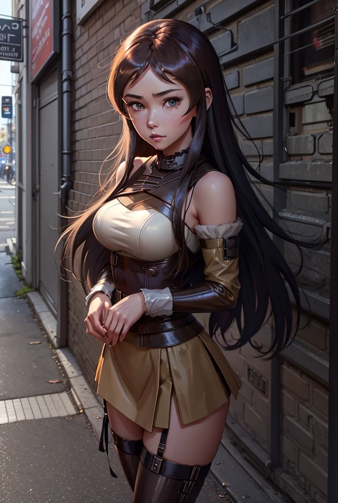 Anime girl standing on city street in leather skirt and black erotic lingerie, long-haired Ilya Kuvshinov, Guviz style artwork, anime art wallpaper 8 K, Guvitz on art station Pisif, Guwiz on Pisiv art station, cyberpunk anime art