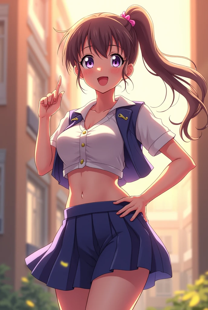 Showing ass, Extremely short skirt that does not cover her ass, Big ass, Thong V-String, Nsfw, skir ligt, showing ass, mini skirt, micro skirt, micro panties, (masterpiece:1.4), (best quality:1.4), (high resolution:1.4), cartoon style, LuanLoud smile, brown hair, pale skin, cowboy shot, white shirt, yellow mini skirt, looking at viewer, detailed face, detailed eyes, small breasts, curvy, ribbon, ponytail, buckteet, artstation female body, from the front, dynamic pose, solo, 1girl,