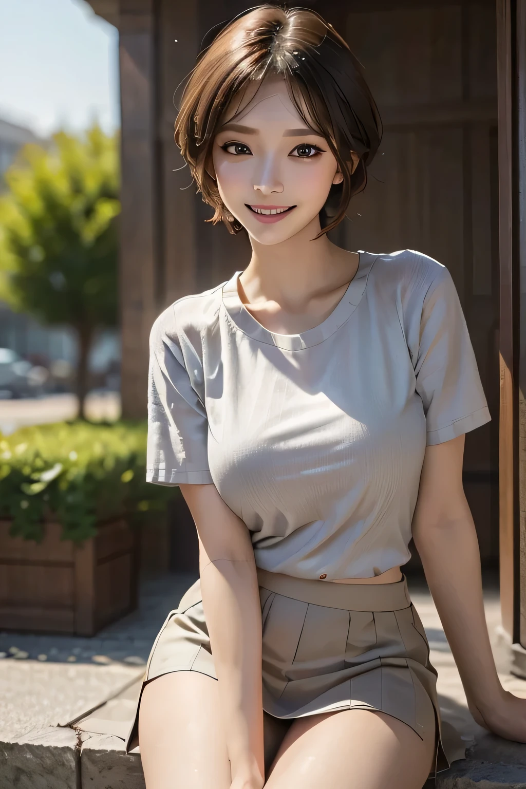 1 female, 40 years old, (Nurse cap, nurse uniform and mini skirt), masterpiece, grin, (very tanned and shiny skin), Big Breasts, photoRealistic, Realistic, alone, photoRealistic, Highest quality, Ultra-high resolution, Yura S, Outdoor, colorful, Daytime setting, beautiful, masterpiece, Highest quality, Very detailedな顔, Perfect lighting, Ultra-high resolution, Very detailed, (background: Inside the hospital)