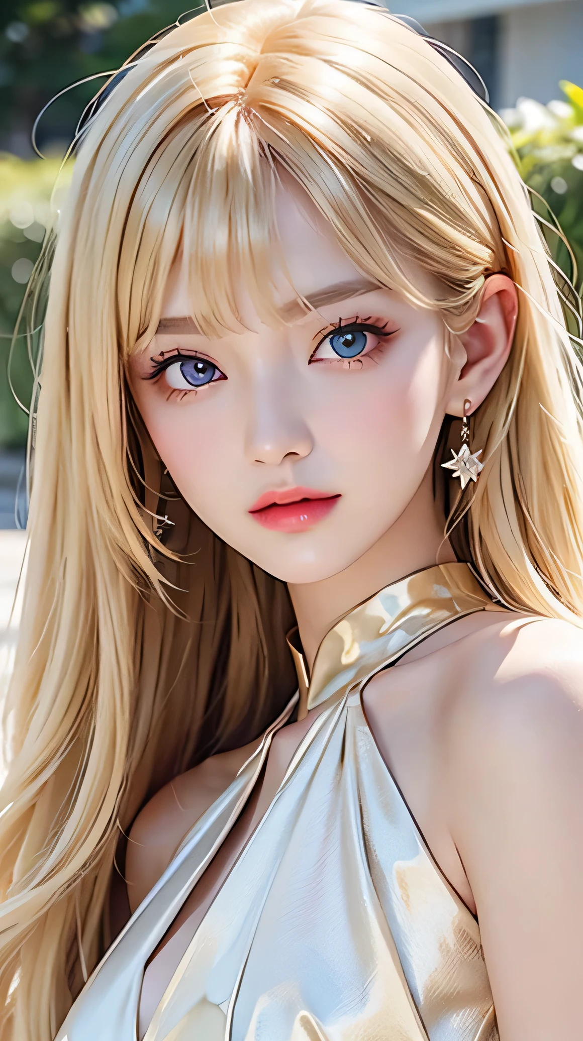 A close up of a woman with long blonde hair wearing a dress - SeaArt AI