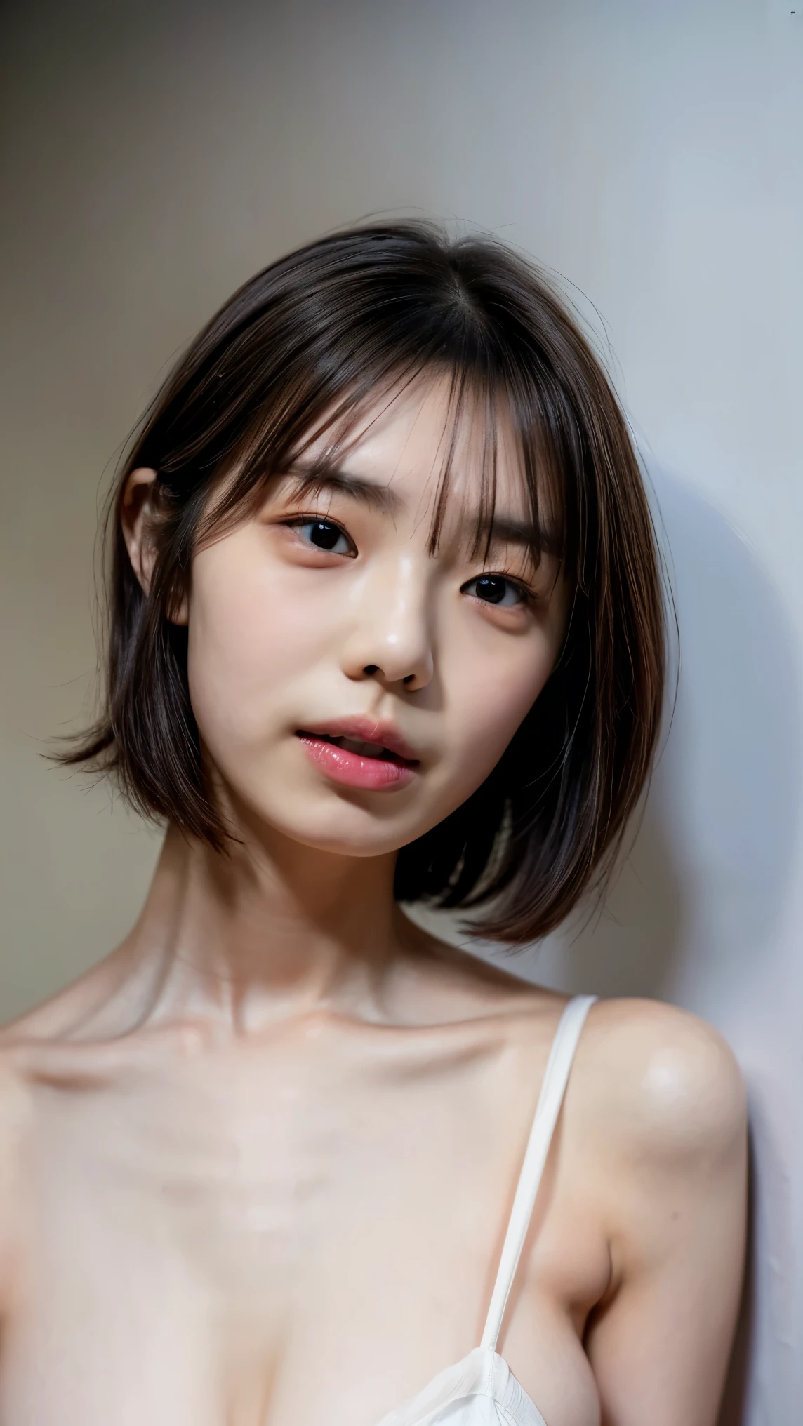 ((Petite women, Sensual woman, No makeup, 柔らかい笑face)), (((Small eyes, Long, narrow eyes, Black Hair, Short Bob Hair))), (Full body portrait, Short Hair, Small breasts, Wearing a white T-shirt, Protruding nipples, Thick pubic hair), White skin, Glossy pale lips, skinny, Body Type, Delicate and sexy collarbone, Best Quality, RAW Photos, Realistic, face, so beautiful, cute, Depth of the written border, High resolution, 超detailed, detailed, Very detailed, extremely detailed eye and face, Sharp pupils, Sharp focus, Cinema Lighting