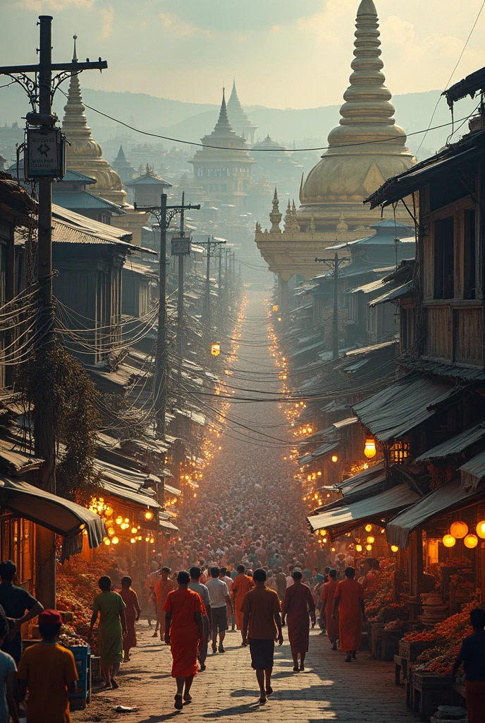 A destroyed ((city)) in Thailand, ((post-apocalyptic)), with (((abandoned buildings and temple))), (((thick smoke))), ((zombie bodies)) scattered on the ground. The environment is highly detailed, ((photorealistic)), and showcases (((award-winning concept art))), complete with (((cinematic lighting))), a (((dramatic color yellow tone and yellow palette))), and a moody and dystopian atmosphere. The composition is striking, using a dynamic camera angle and ultra-detailed textures to create a (((masterpiece))). ((Destruction, apocalypse, detail, atmosphere, composition, artistry)).