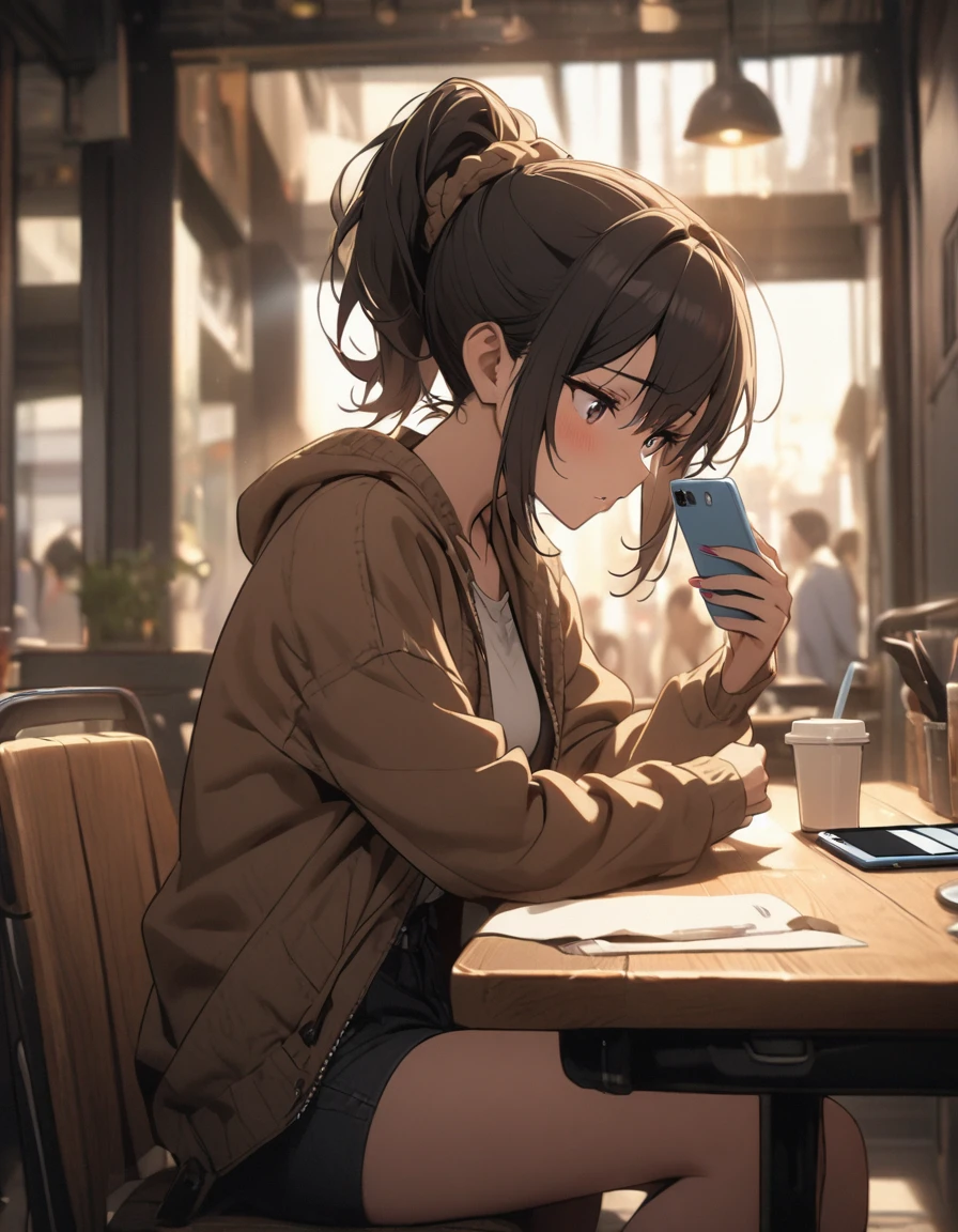 masterpiece, best quality, very aesthetic, absurdres, newest, 1girl, solo, asymmetrical bangs, tareme, young adult, brown hair, shirt, long sleeves, holding, twintails, brown eyes, standing, cowboy shot, pants, indoors, sweater, black shirt, phone, scrunchie, cellphone, beer bottle, hair over shoulder, smartphone, alcohol, hair scrunchie, holding phone, black sweater, brown pants, counter, looking at phone