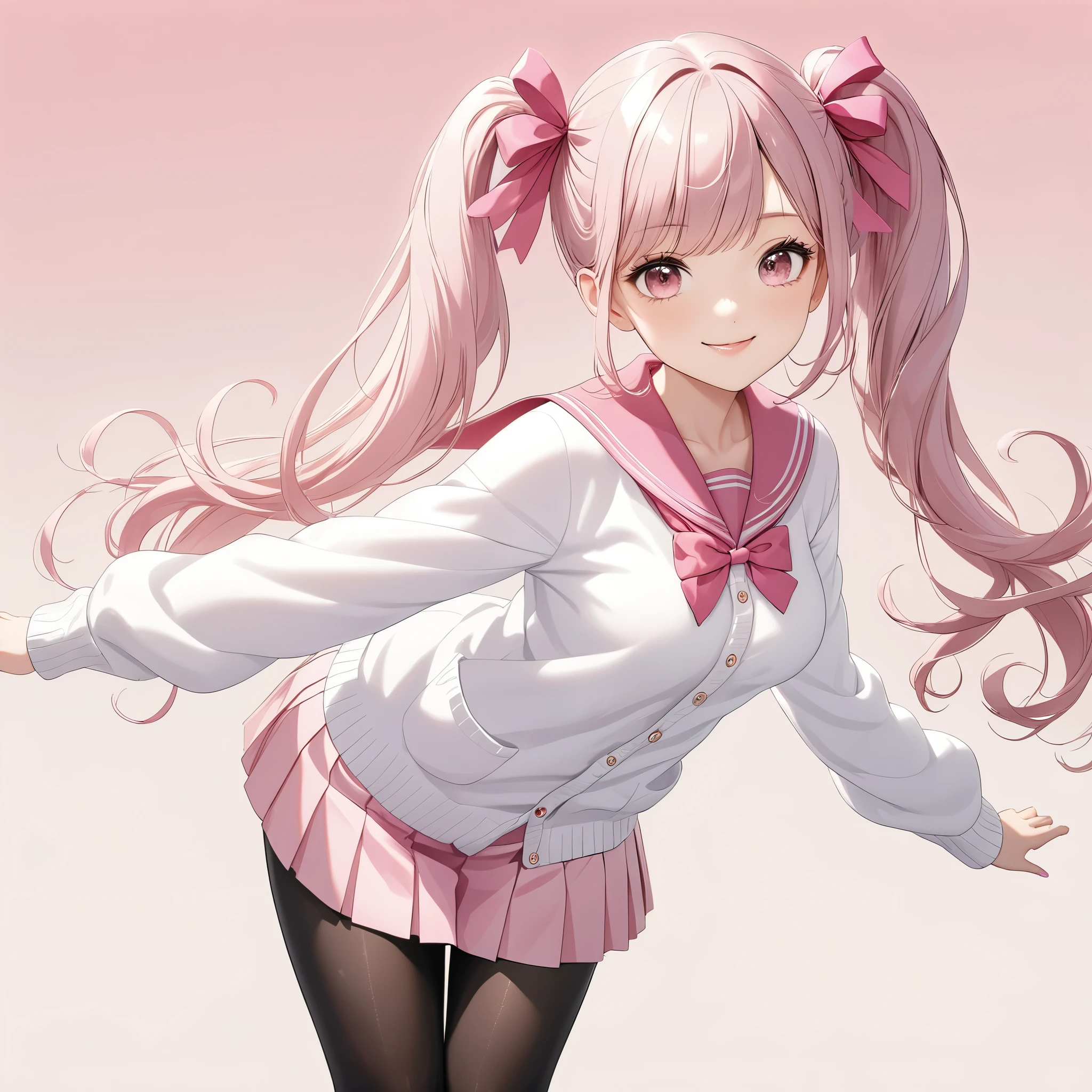 (8K, masutepiece, Best Quality, Official art, beautiful detailed, beautiful lighting, best masterpiece in history that exceeds limits), (1 Girl, Solo), (sixteen years old), (beautiful detailed face), (shiny white skin), (Beautiful big bust, cleavage, thighs:1.3), (beautiful detailed pink twin tails hair, Bangs:1.3), (beautiful detailed drooping pink eyes:1.5), (high school uniform:1.3), (white loose long sleeves long length cardigan, overly long sleeves, patsel pink sailor collar, pastel pink pleated skirt, patsel pink ribbon:1.3), (black_legwear, zettai_ryouiki, thigh_gap:1.2), (happy smile:1.2), (Attractive, sensational, look at the camera, cute pose, looking back:1.3), (simple white plain background:1.5),