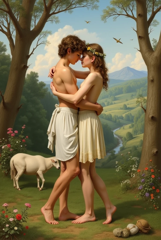  The image depicts a nude woman and a nude man in a classical painting style.