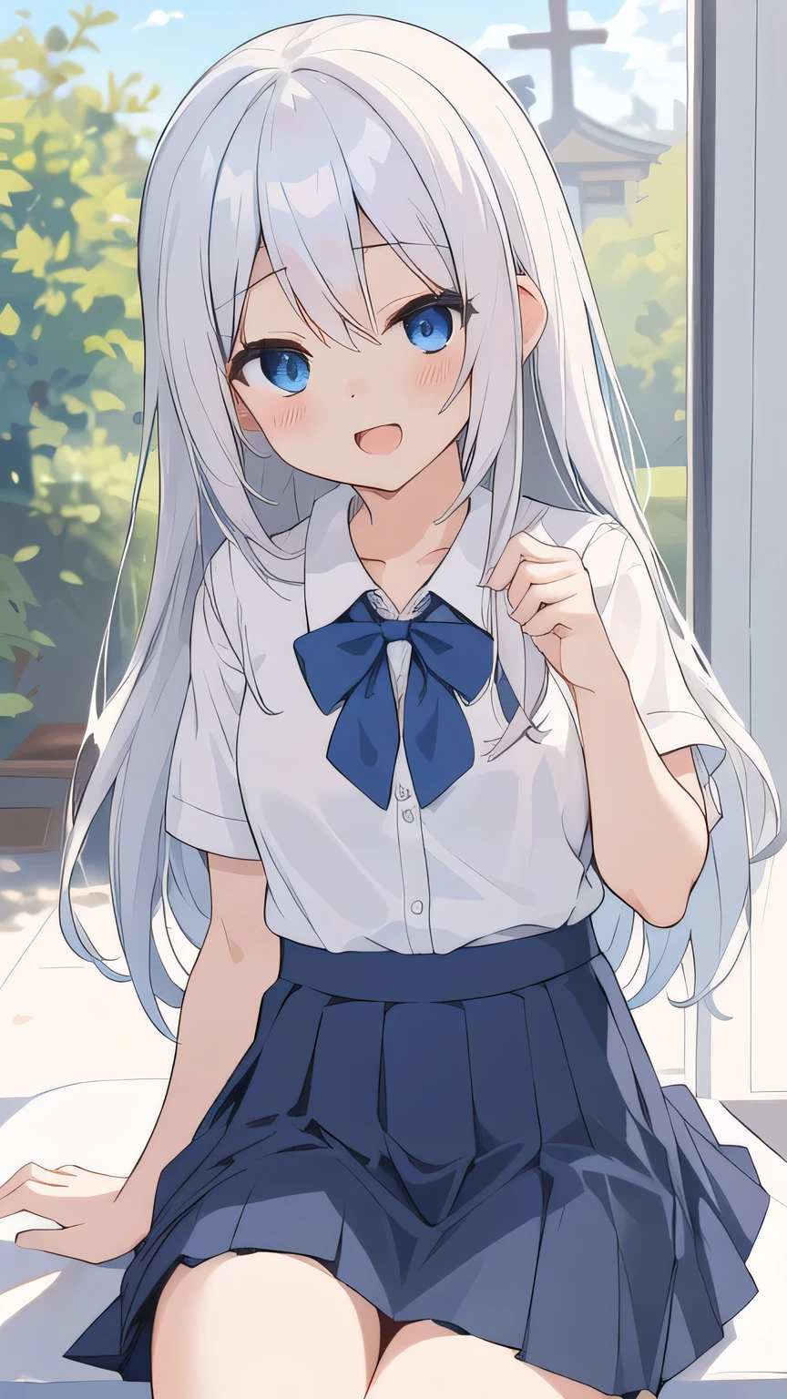 cute girl, アニメ, silver hair, straight hair, Blue eyes, (young:0.9), (small bust:0.5), (cute:1.3), (middle bust:0.8), (cute girl:1.2), cowboy shot, cute, side shot, (Smail:1.3), open mouth, backwards, white school uniform, (dark blue skirt:1.4), (ローアングル:1.5), close eyes, (cross legs:1.2), (seduce:1.4), 