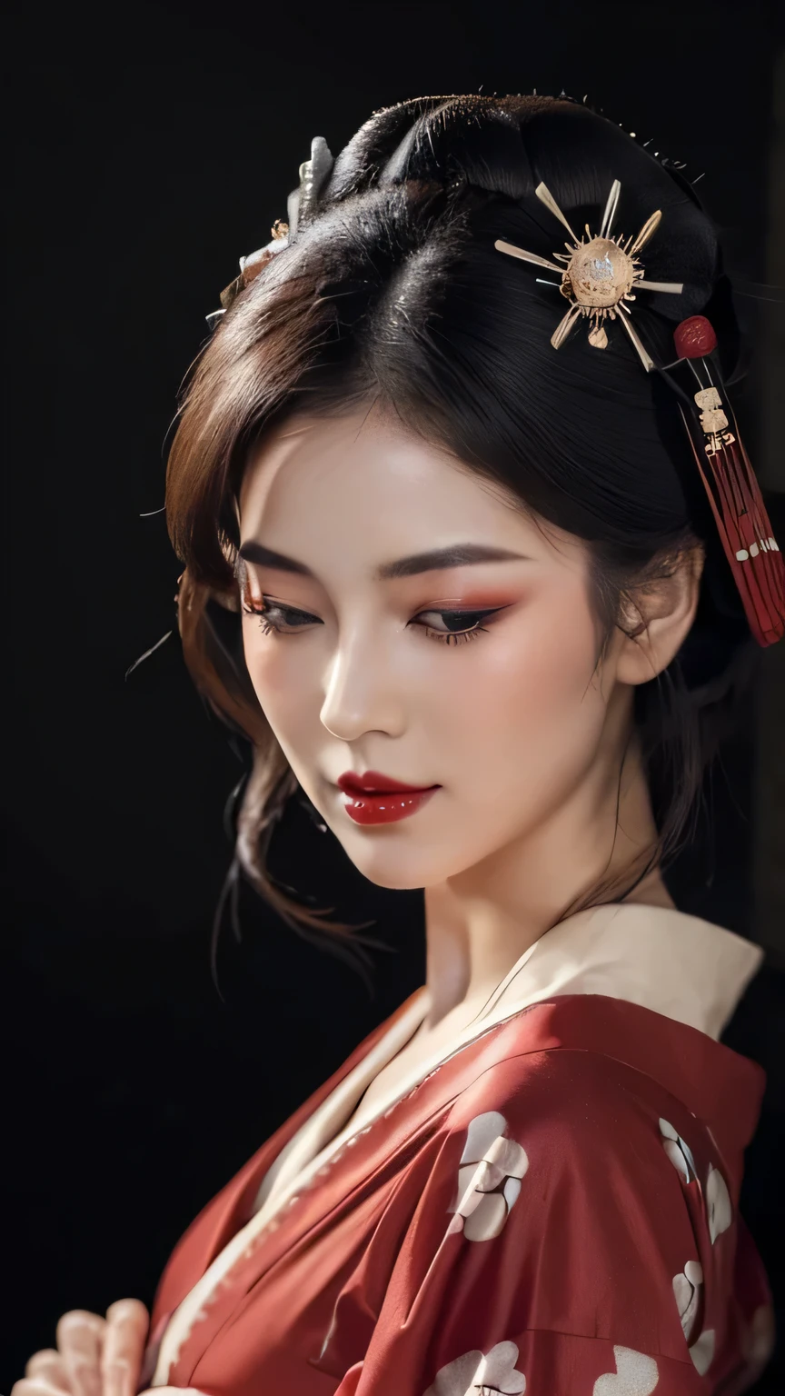 ((Top quality, 8k, Masterpiece: 1.3)), Sharp focus :1.2,   ((geisha)).   (()).   ((Body slim thin captivating)).   ultra-detailed face,   highly detailed lips,    detailed eyes,   long eyelashes,    Make-up face.   Red lipstick.  hair accessories,    hair Bun,  elegance,    enchanting,

((Red kimono)).  

((Only shows the face)).     ((Only shows the face)).    make-up face with lipstick,     both eyes closed,     both eyes closed,     both eyes closed,    both eyes closed,      both eyes closed,    both eyes closed,     ((Dark background))