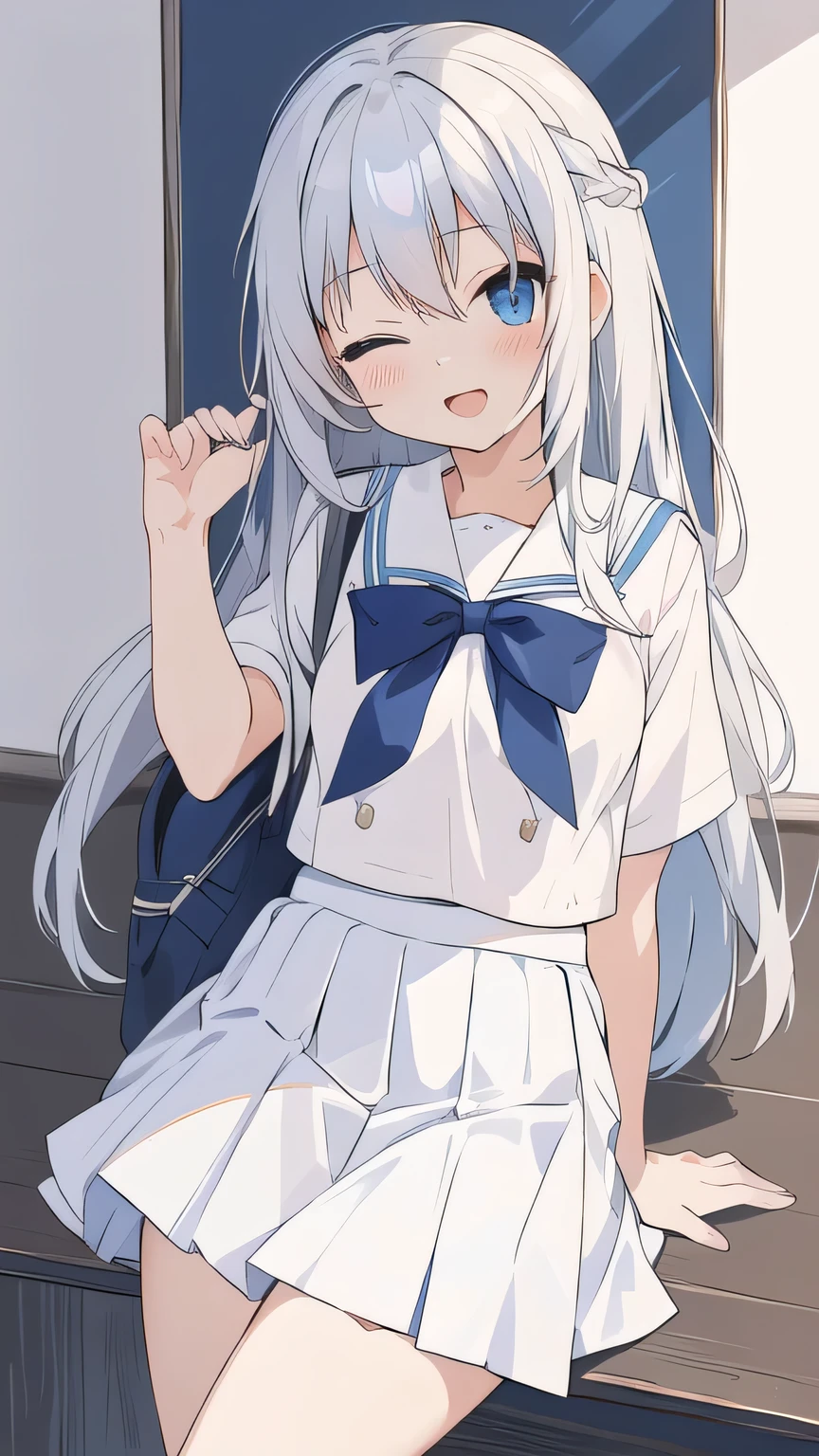 cute girl, アニメ, silver hair, straight hair, Blue eyes, (young:0.9), (small bust:0.5), (cute:1.3), (middle bust:0.8), (cute girl:1.2), cowboy shot, cute, side shot, (Smail:1.3), open mouth, backwards, white school uniform, (dark blue skirt:1.4), (ローアングル:1.5), close eyes, (cross legs:1.2), (seduce:1.4), 