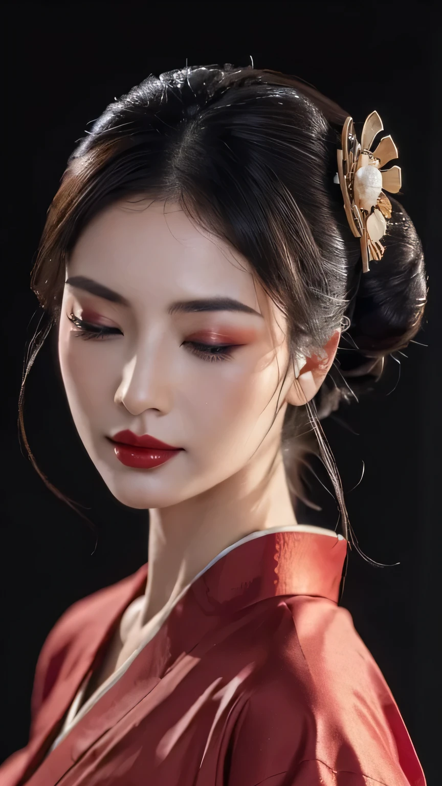 ((Top quality, 8k, Masterpiece: 1.3)), Sharp focus :1.2,   ((geisha)).   (()).   ((Body slim thin captivating)).   ultra-detailed face,   highly detailed lips,    detailed eyes,   long eyelashes,    Make-up face.   Red lipstick.  hair accessories,    hair Bun,  elegance,    enchanting,

((Red kimono)).  

((Only shows the face)).     ((Only shows the face)).    make-up face with lipstick,     both eyes closed,     both eyes closed,     both eyes closed,    both eyes closed,      both eyes closed,    both eyes closed,     ((Dark background))