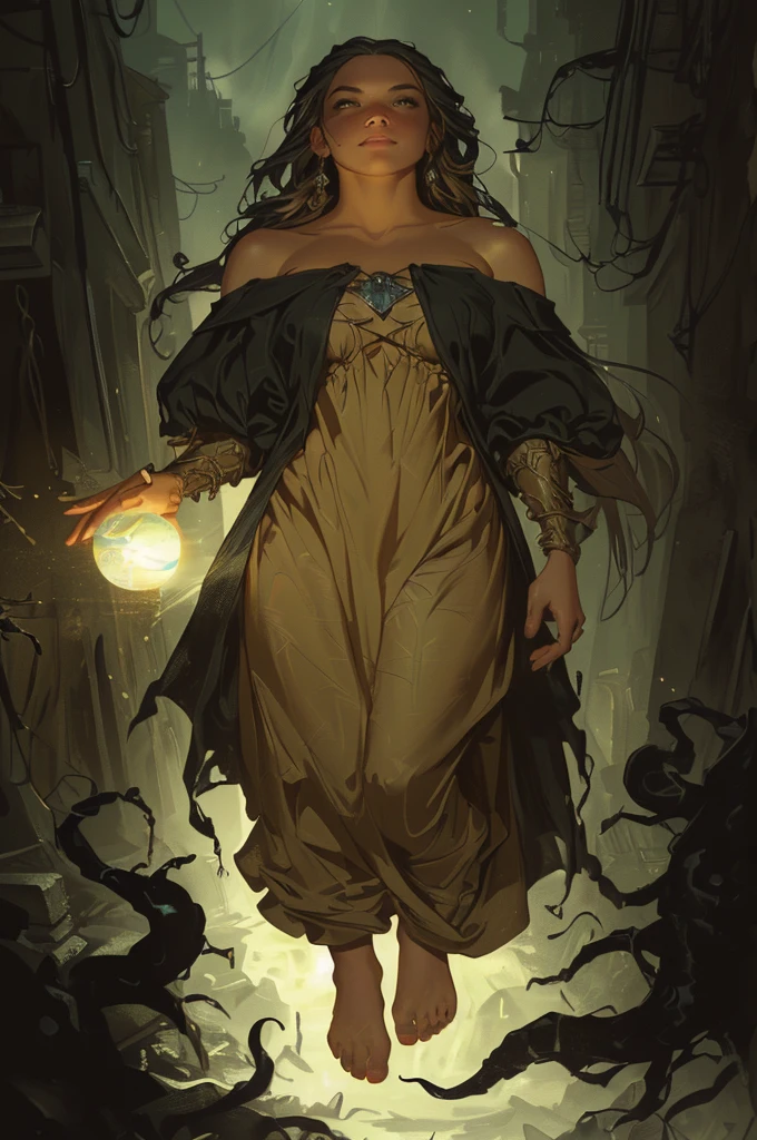 an attractive barefooted nu witch based on Jenna Ortega from 17th century France, small breasts, pubic hair, fully naked, nude, she holds a glowing orb in her hand, she floats 1 meter above the ground, full body shot, heroic fantasy, highly detailed cinematic illustration, black outlining, full color illustration, vivid colors, she stands in an alley in the darkness illuminated by the glowing orb she holds, demonic black tentacles rise up from the ground breaking through the alley's stone in an attempt to reach her, horror vibes, masterpiece, 8k, ultra-detailed, physically-based rendering, dramatic lighting, intricate background, photorealistic