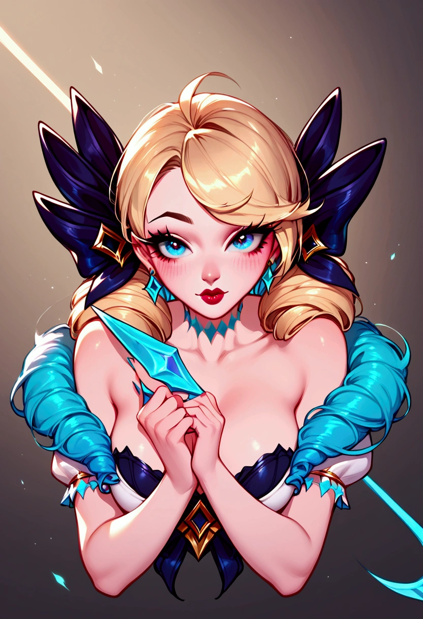 score_9, score_8_up, score_7_up, Gwen (league of legends), 1 girl, blonde hair, sexy, full body, earrings, long eyelashes, sexy, big bust, beautiful face,