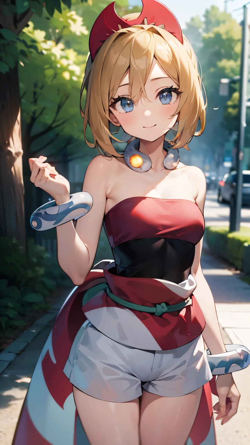 { masterpiece : best quality : high resolution : unity 8k wallpaper : illustration : beautiful detailed eyes : extremely detailed face : perfect lighting : extremely detailed CG : perfect hands : perfect anatomy } {retro_anime_filter} { outdoor } { 1girl : irida : cute_face : short_hair : con : forehead : Perfectly_small_shaped_breast : Perfectly_fit_body : innocent_smile : exhausted : (red hairband, neck ring, collar, strapless shirt, red shirt, bracelet, sash, waist cape, white shorts, bare legs) } { }