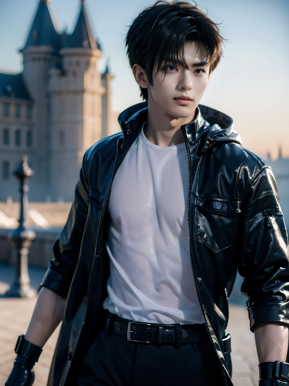 (masterpiece, realistic, absurdres:1.2), (photorealistic:1.5), RAW photo, high resolution, best quality, 8K,1boy, Noctis, ulzzang boy, chinese boy, very handsome, perfect face, intricate detail, Extremely detailed, professional photography, Bright colors, Clear focus, perfect hair, young man, (black see through shirt:1.2), muscular, slim muscular, (perfect hands, 5 fingers) , clear and beautiful detailed eyes, perfect eyes, Playful expression, abs, soft skin, detailed skin, detailed highlights and shadows, Excellent body proportions, Correct anatomy, looking at camera, male focus, black jacket, fingerless gloves, belt, black pants, boots, gentlesunlight, Cinematic Lighting, Warm colors, full-body shot, ornate futuristic castle background,