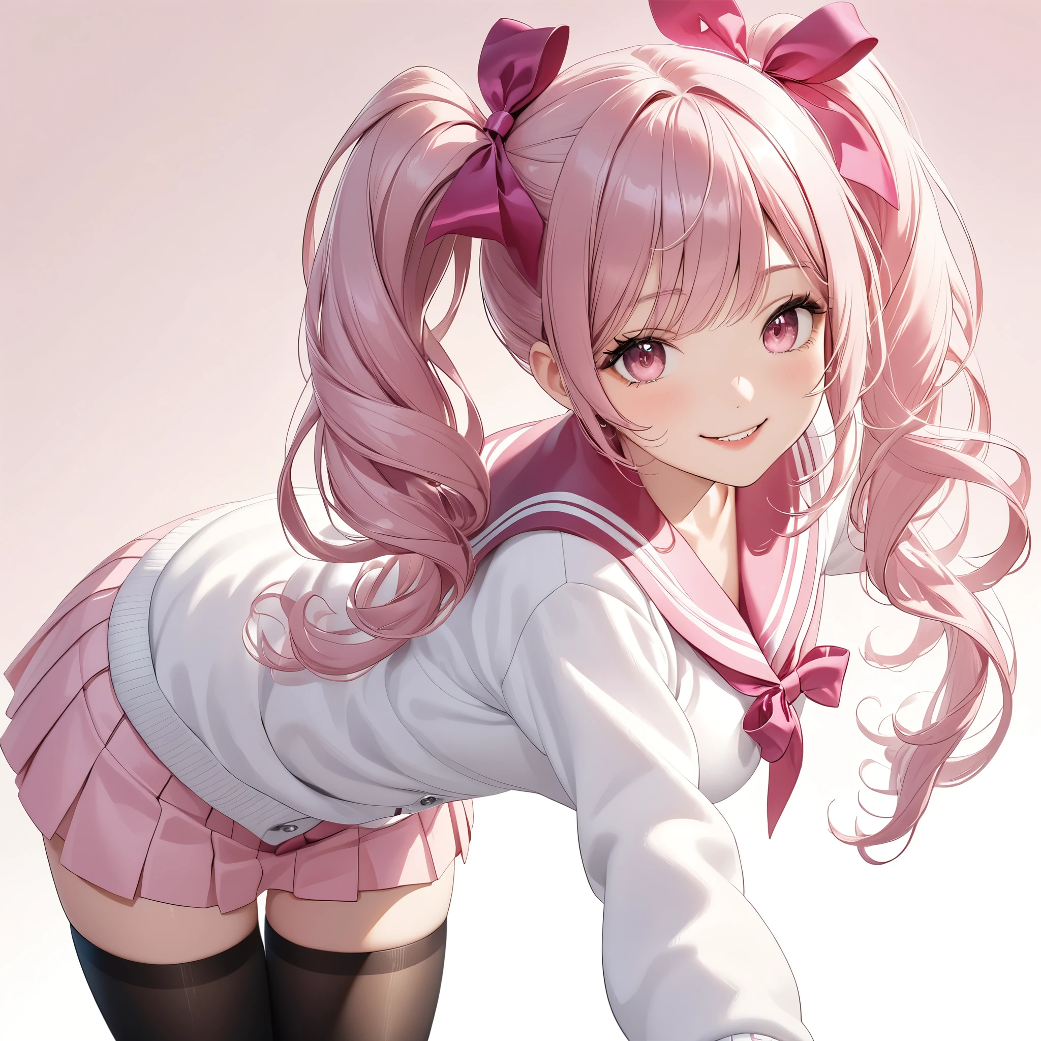 (8K, masutepiece, Best Quality, Official art, beautiful detailed, beautiful lighting, best masterpiece in history that exceeds limits), (1 Girl, Solo), (sixteen years old), (beautiful detailed face), (shiny white skin), (Beautiful big bust, cleavage, thighs:1.3), (beautiful detailed pink twin tails hair, Bangs:1.3), (beautiful detailed drooping pink eyes:1.5), (high school uniform:1.3), (white loose long sleeves long length cardigan, overly long sleeves, patsel pink sailor collar, pastel pink pleated skirt, patsel pink ribbon:1.3), (black_legwear, zettai_ryouiki, thigh_gap:1.2), (happy smile:1.2), (Attractive, sensational, look at the camera, cute pose, looking back:1.3), (simple white plain background:1.5),