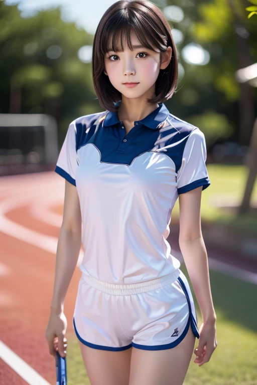 (masterpiece), Very realistic, A smile that seduces the viewer, Beautiful female student wearing wet transparent cropped white and light blue sports uniform。The lower body and cameltoe are visible.。, short hair and white skin, (at the park), Close your hands, Non-NSFW, (Perfect Anatomy), 8k resolution, wonderful, elegant, Hyperrealism, Approaching perfection, dynamic, Very detailed, Smooth, Ultra-high resolution, Alchemy Smooth Upscale Images ,HD resolution, High Quality Boost, Contrast Boost, Professional alchemy,