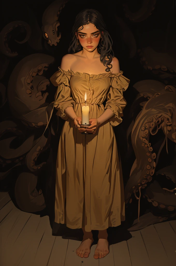 a barefooted confused looking attractive nude woman from 17th century France based on Billie Eilish, she peers at something in front of her while holding a candle in her hand, full body shot, baroque, highly detailed cinematic illustration, black outlining, full color illustration, vivid colors, she stands in the darkness illuminated by the candle, in the background are demonic octopus tentacles threatening her though she is unaware of it, horror vibes