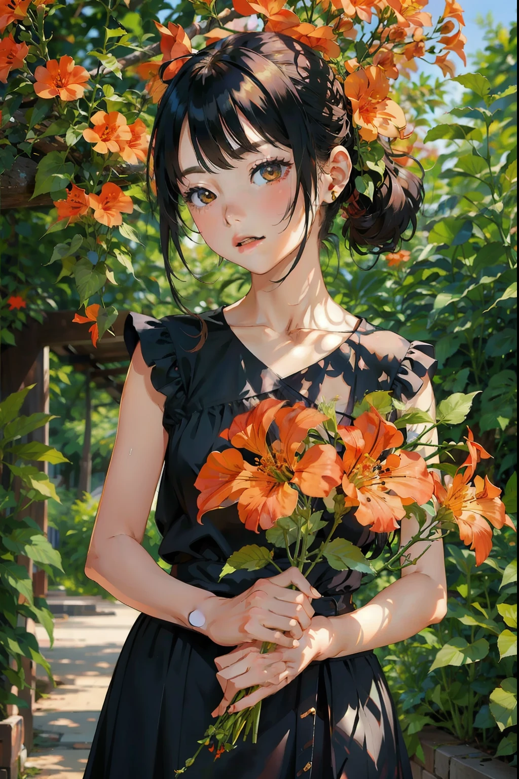 (masterpiece, Best Quality:1.2), One Girl、Trumpet Creeper Flower、Flower branch, Blur the background、Blank background、