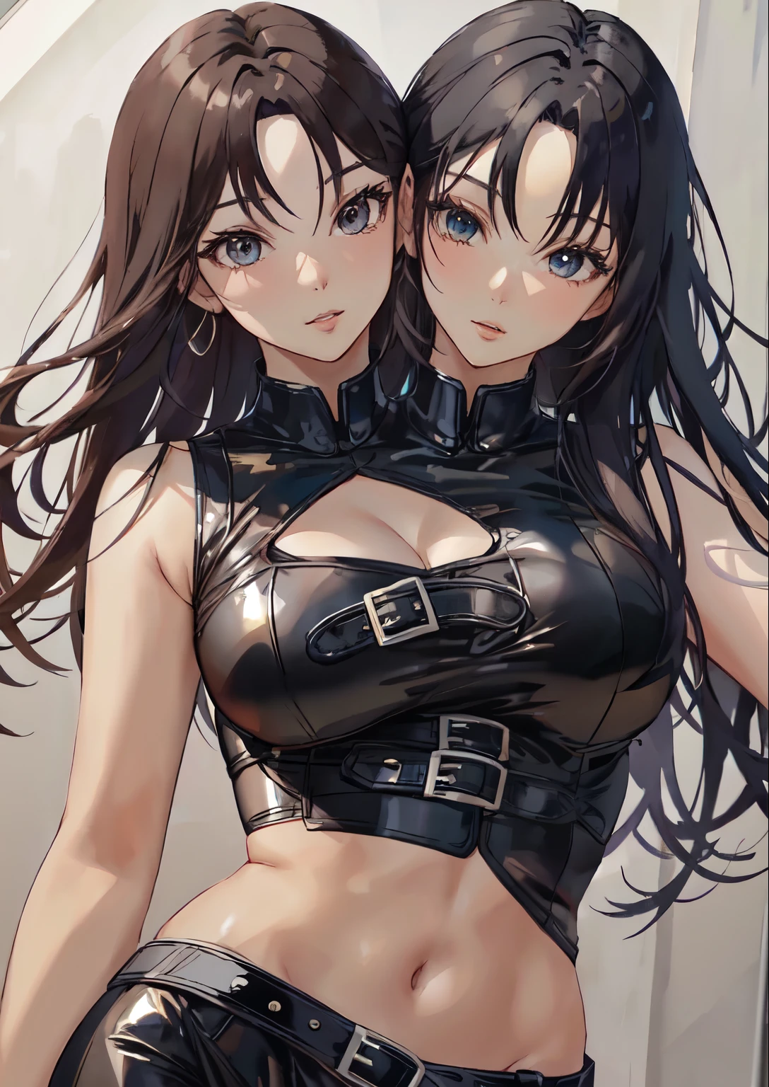 asian women, masterpiece,ultra highres,ultra detailed,best quality,
1girl,belt,clothing cutout,gradient hair,upper body, conjoined_dicephalus, (two heads:1.2)