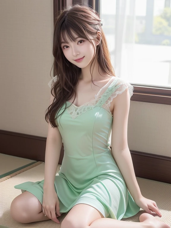 Photo-realistic quality、20-year-old Japanese idol sits on the floor in a light green see-through dress、Elegant Dresses、Beautiful Japanese Model、Romantic Dress、Cute woman、Looking at the camera、Detailed and beautiful eyes、Cute smile、A soft and gentle look、Natural smile