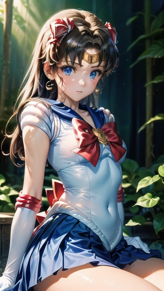 (((masterpiece))), (((High resolution)))、(((8K quality)))、(((Perfect Face)))、 , Looking into the camera, ((Highest quality eyes)), (Detailed face), (Detailed Texture), Sailor Moon Cosplay Set、One Girl, alone, High resolution, Anatomically correct, 最high quality, (((Please draw the whole body)))、White long gloves、One Girl, alone, High resolution, Anatomically correct, 最high quality, High resolution, masterpiece, high quality, Very detailed, Textured skin, 超High resolution, (((waterfall、The Forest)))、(((Red ribbon on chest、Blue Skirt)))、(((Sitting down)))