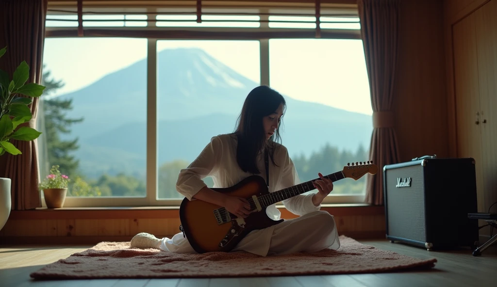 NSFW(1.9), Mellow, an anime-style female character with long, straight hair and a serene expression, in a room decorated with fairy lights. The scene is cozy and softly lit with a harp nearby. The ambiance is whispering vocal, easy listening, and lo-fi hip-hop.