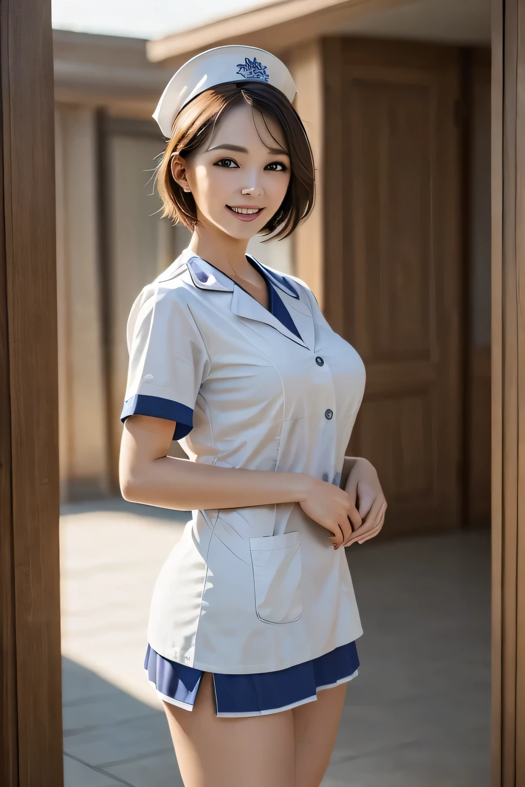 1 female, 40 years old, (Nurse cap, nurse uniform and mini skirt), masterpiece, grin, (very tanned and shiny skin), Big Breasts, photoRealistic, Realistic, alone, photoRealistic, Highest quality, Ultra-high resolution, Yura S, Outdoor, colorful, Daytime setting, beautiful, masterpiece, Highest quality, Very detailedな顔, Perfect lighting, Ultra-high resolution, Very detailed, (background: Inside the hospital)