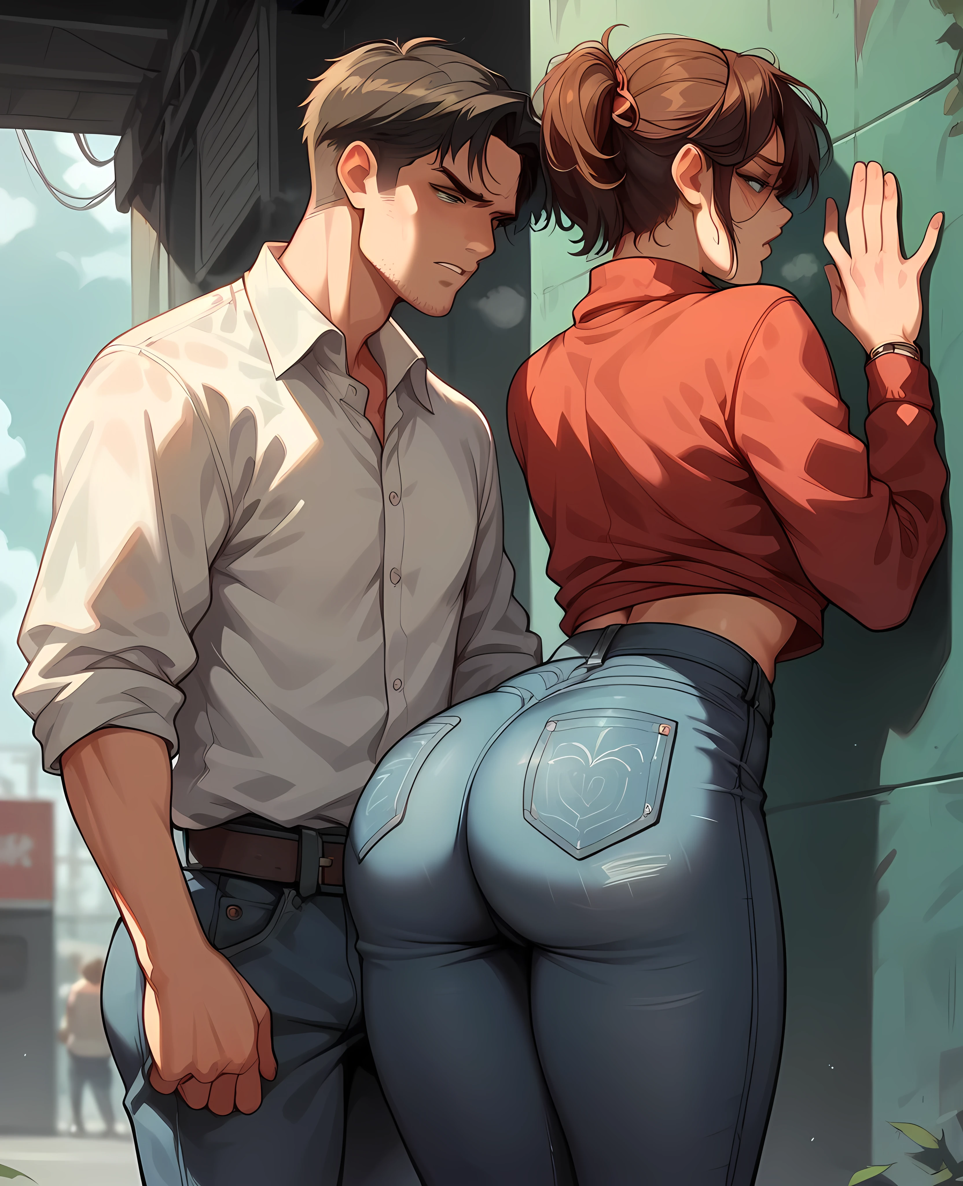 work of art, best qualityer), 1 and 1 man, claireredfield2, use jeans , girl back, the man is pressing the girl against the wall, girl with big butt 142cm, waist 60cm, exaggeratedly large and curvaceous butt with sexy folds on the butt, man short hair and stubble, plus size ass seen from behind