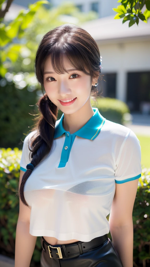(highest quality、masterpiece、8K、best image quality、hyper realism、Award-winning work)、1 woman、(Perfect polyester collared short sleeve buttoned shirt:1.2)、navy pleated skirt、(プリーツスカートをたくし上げてExposing panties:1.3)、(Exposing panties:1.3)、(Strongly blurred beautiful grass park background:1.1)、Perfect beautiful park、(Standing gracefully:1.1)、accurate anatomy、perfect makeup、long eyelashes、glossy lips、Ultra high definition glossy skin、(Ultra-high definition bright and beautiful skin:1.1)、超高精細のglossy lips、Super high definition beautiful teeth