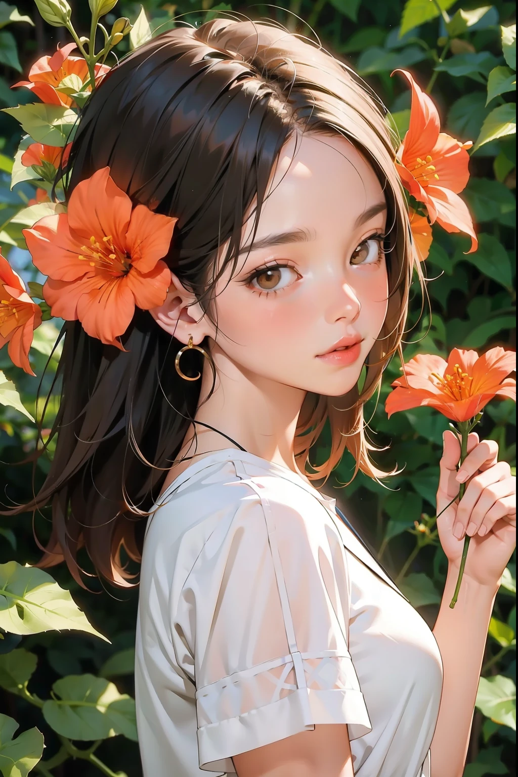 (masterpiece, Best Quality:1.2), One Girl、Trumpet Creeper Flower、Flower branch, Blur the background、Blank background、