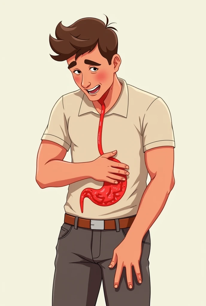 I am looking for an illustration of stomach pain in the following style: drawing style: Modern and vector, with smooth, clean lines, and vibrant colors. Cartoonish but realistic. Color: Using a palette of bright and contrasting colors that are pleasant and eye-catching. FORMAT: Illustrations arranged in a book or manual style. This illustration is intended for a guidance and training manual, so it must be clear, accessible and visually appealing."


