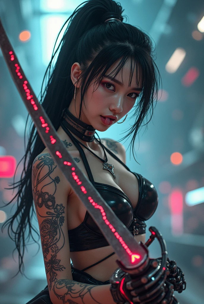 Anime 3D cinematic visuals of a beautiful Asian woman holding a futuristic sword tattoos cyborgpunk mecha cyborg elite laughing sticking out her tongue sharp gaze