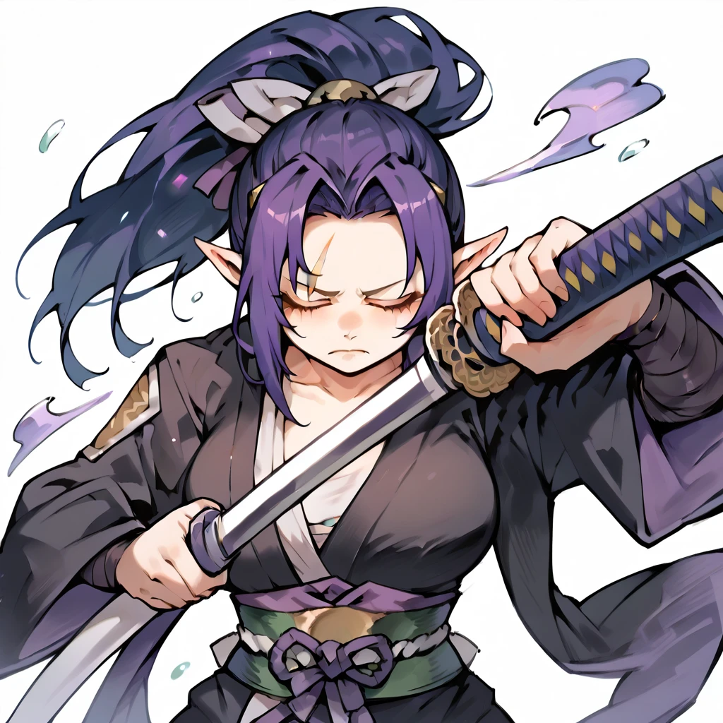 1girl, Solo, Closed Eyes, Purple Ponytail, Breasts, Long Pointy Ears, Closed Mouth, Frown, Blind Girl, Black Samurai Clothes, Simple Background, Hairband, Scar Across Eye, holding a katana, tall girl, pretty face, POV