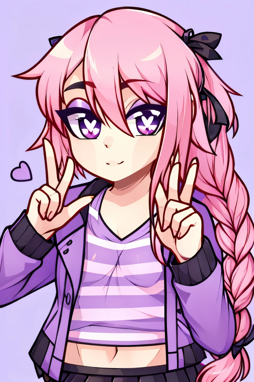 ((beautiful)+(attractive:0.9)+(sensual:0.8)),Astolfo, black skirt, long braid, braid, looking at viewer, purple eyes, hair between eyes,
, Huniecam Studios Art Style,simple background,heart shaped pupils,pink hair,flat chest no breasts,,purple jacket,striped shirt,hair intakes,finger poses