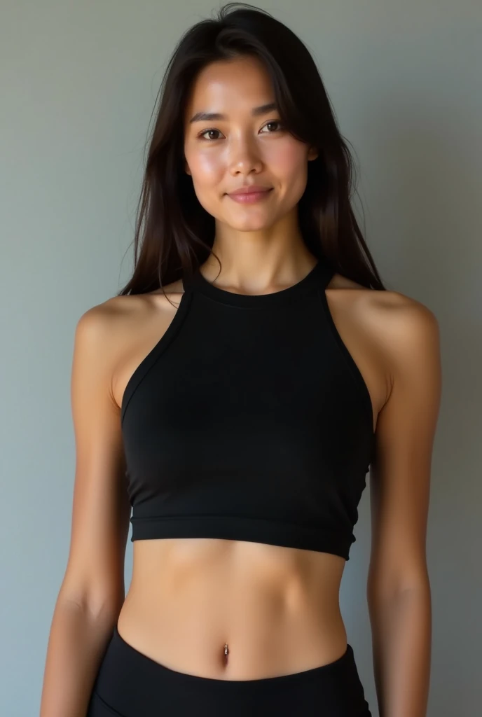 portrait photoshoot, lucyl1u , short hair, lucyl1u as solo fitness model, toned, large breast, wearing (((black seamless strapless tube bandeau bra top))), (((underboob))), torso shot, muscular, looking at viewer, smiling , blank background