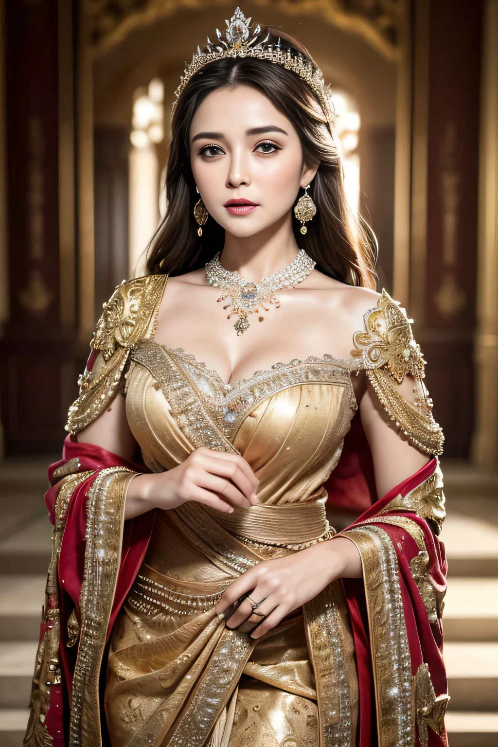 (best quality,4k,highres,masterpiece:1.2),ultra-detailed,realistic:1.37, Preety Zinta, beautiful and regal Javanese queen,dark and luxurious palace backdrop,beautiful detailed eyes and face,long eyelashes,voluptuous and curvy figure,exquisite jewelry and accessories,ornate and intricate patterned textiles,dazzling crown and royal attire,golden light illuminating the scene,vibrant and vivid color palette,soft and ethereal lighting,confident and alluring expression,graceful and elegant pose,serene and majestic atmosphere,rich cultural elements and symbols,meticulously captured body contours,subtle and tasteful sensuality,endless attention to every detail,romantic and dreamlike ambiance,artistic interpretation of beauty,stylish and sophisticated composition.