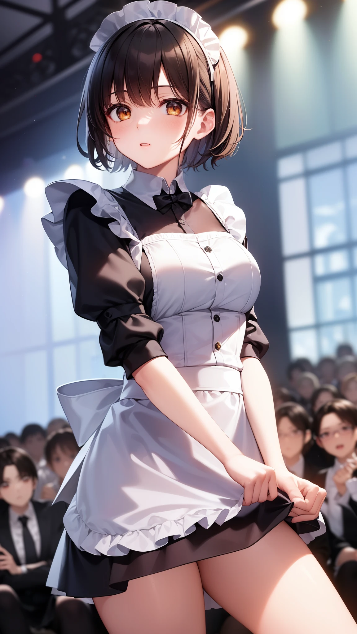 High resolution,Detailed Description,Highest quality,(Sailor Warrior Uniform),Sailor Saturn,Black Hair,universe,leotard,High Leg,Purple Skirt,Knee-high boots,Elbow Handbag,Thick thighs,The skirt is short,スカートの下に白色のleotardが見える,The skirt is blown away by the wind,blush,Embarrassed expression,Open your mouth,