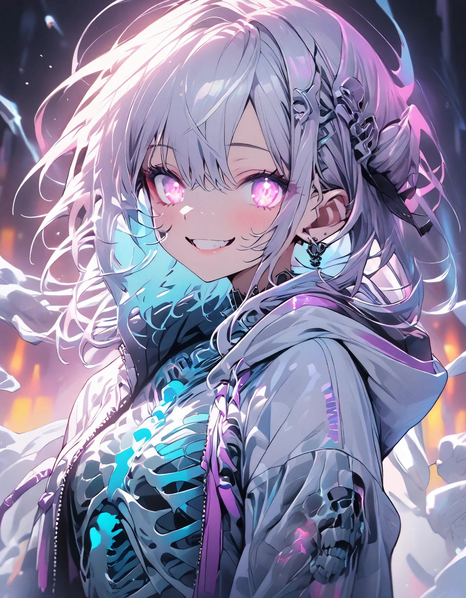 masterpiece、girl, Neon-colored hair, smile, Wearing a white hoodie, ((The bones of the body are glowing)), Bones are glowing, Neon color background