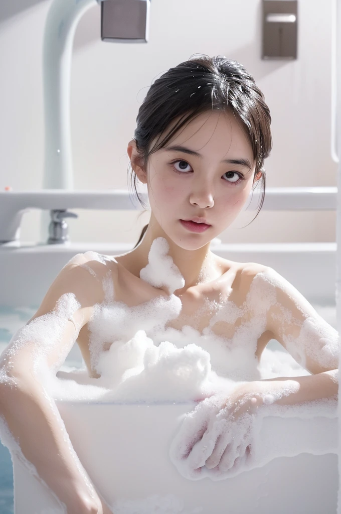 Japanese girl taking a bubble bath, ((((bubble bath))), I'm up to my shoulders in the bathtub, big bath full of bubbles, A lot of bubbles are floating in the air, (((realistic))), (((High resolution)))