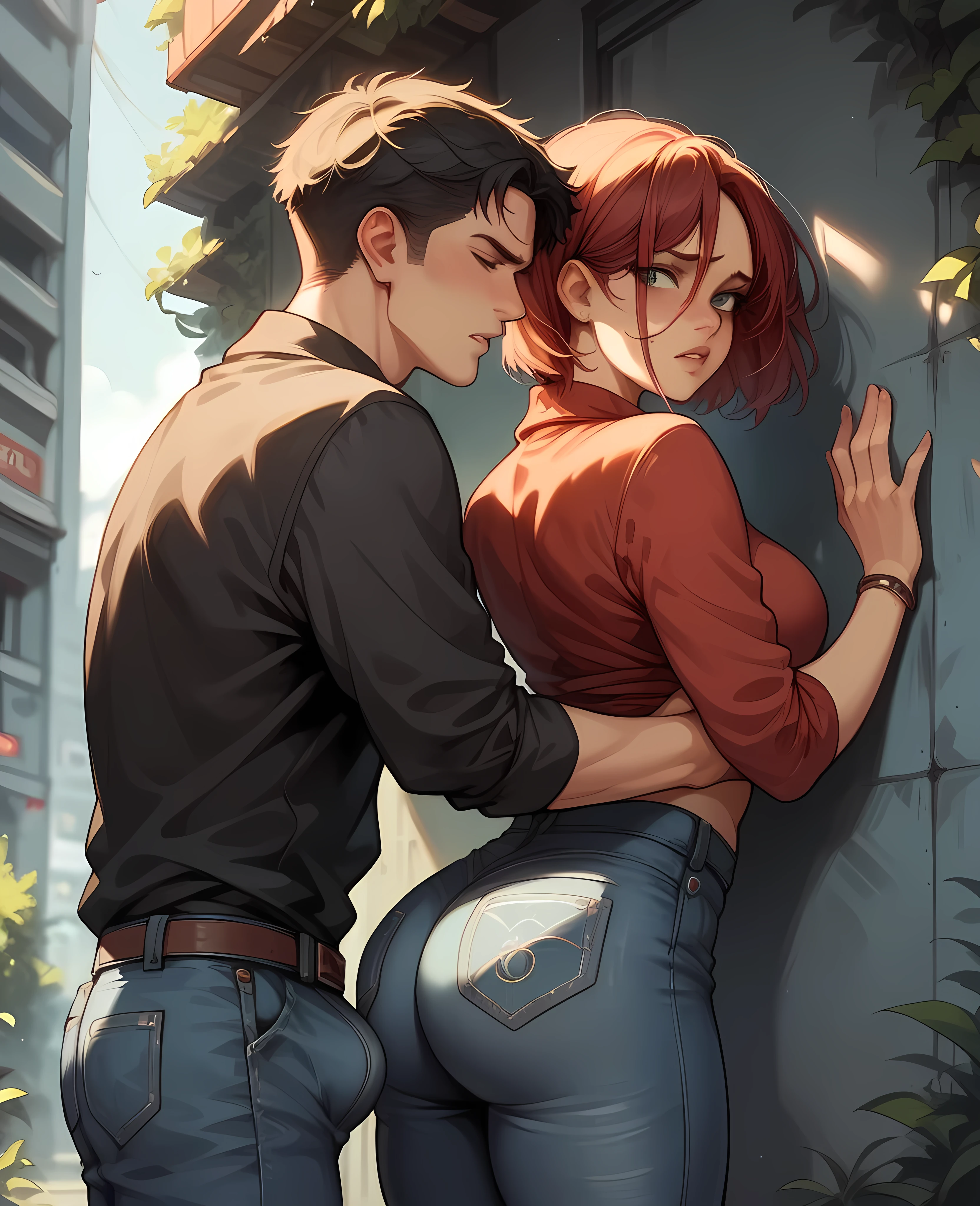 work of art, best quality 1 and 1 man, claireredfield2, use jeans , girl back, the man is pressing the girl against the wall, girl with big butt 142cm, waist 60cm, exaggeratedly large and curvaceous butt with sexy folds on the butt, man short hair and big bulge in his jeans and stubble, plus size ass in jeans seen from behind