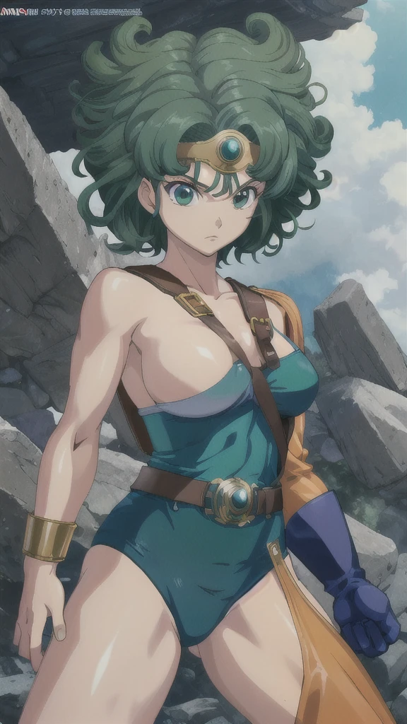 Anime Artwork Anime Artwork Masterpiece,Best Quality, Unreal Engine, Ultra-high resolution, Very detailed
丸いバスト, One girl with medium bust,  Waist, thin,(Muscular:0.9)
 heroine, 
Circlet, Curly green hair, Short Hair, Asymmetrical clothing, leotard, belt, One-handed gloves, One Sleeve, Thigh High Socks Cave, Holding a sword, . Anime Style, Key visual, Vibrant, Studio Anime,  Very detailed